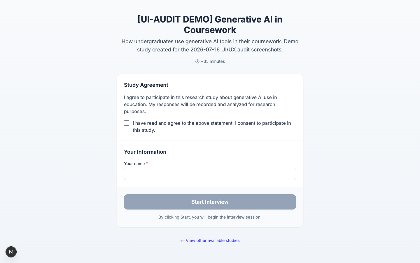Study entry page with a consent agreement, participant information form, and a study title labeling itself a UI-audit demo.