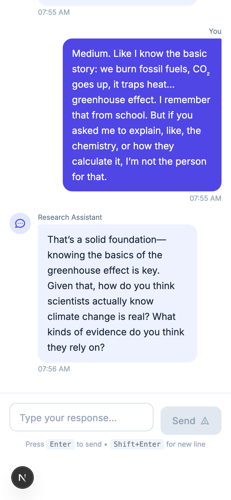 Mobile participant interview view showing a participant answer about climate knowledge and the interviewer’s follow-up question.