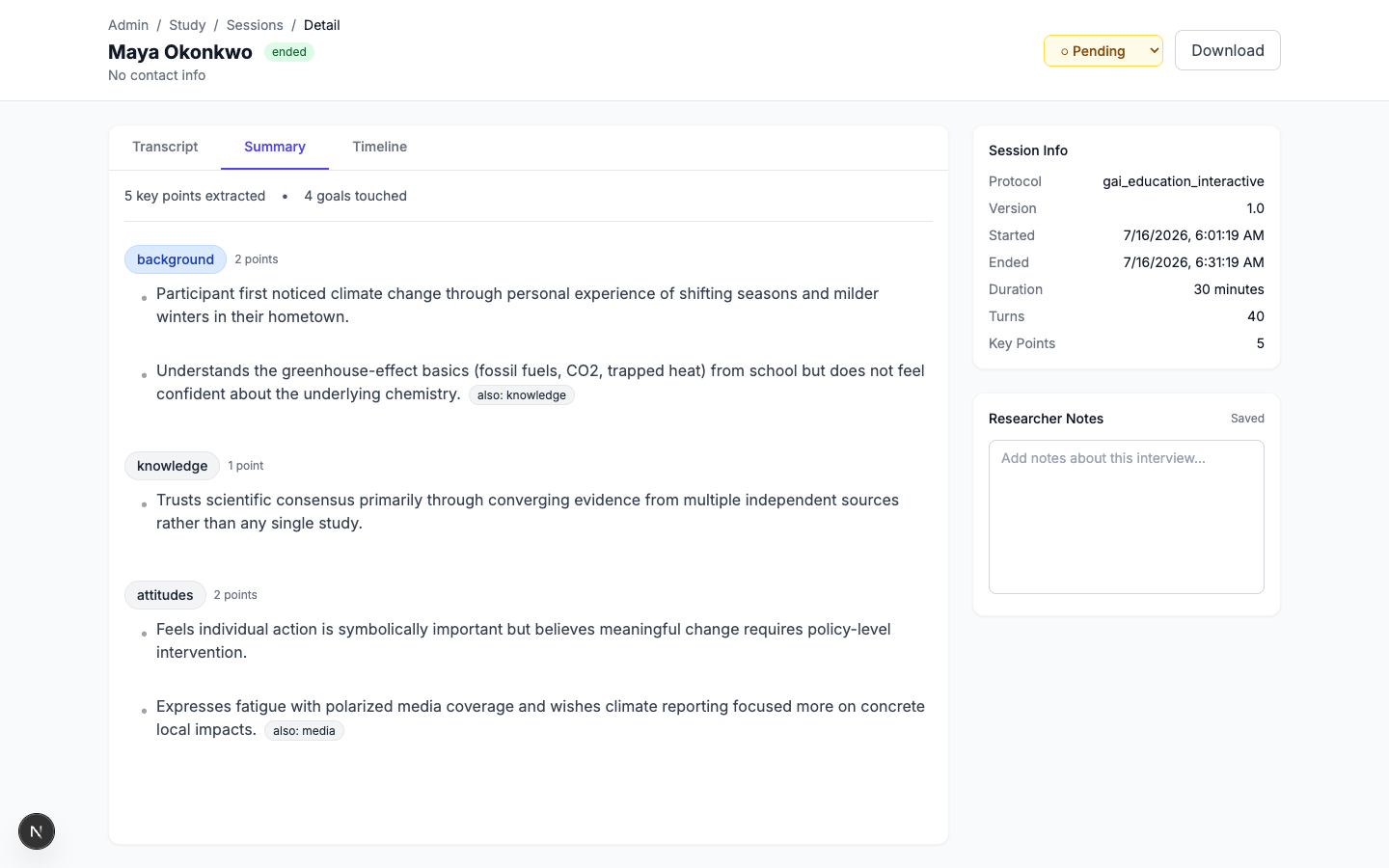 Session summary showing five AI-extracted key points organized under protocol topics, with session metadata and researcher notes beside them.