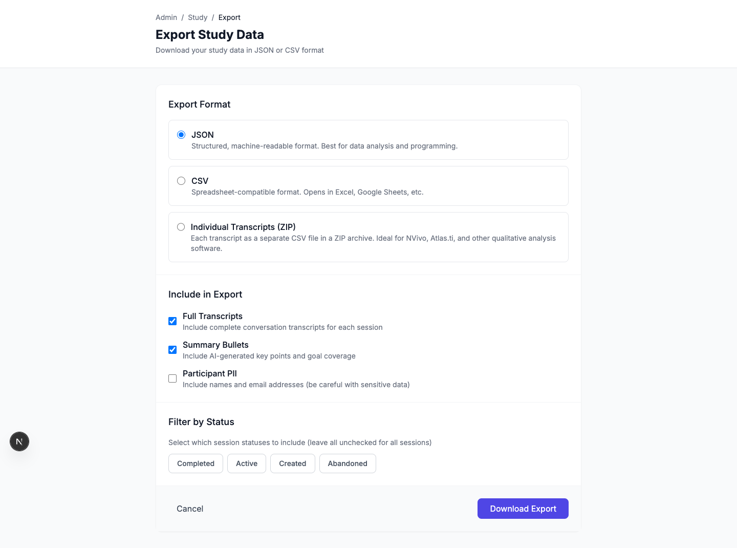 Export screen offering JSON, CSV, or per-transcript ZIP formats, with separate opt-in controls for transcripts, summaries, and participant PII.