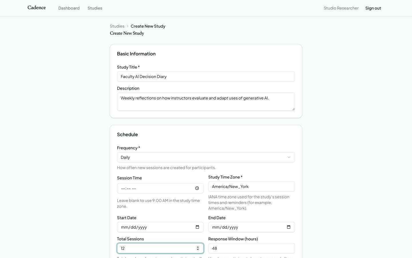 Cadence study builder showing a Faculty AI Decision Diary study with daily frequency, time zone, session count, and response window configuration.