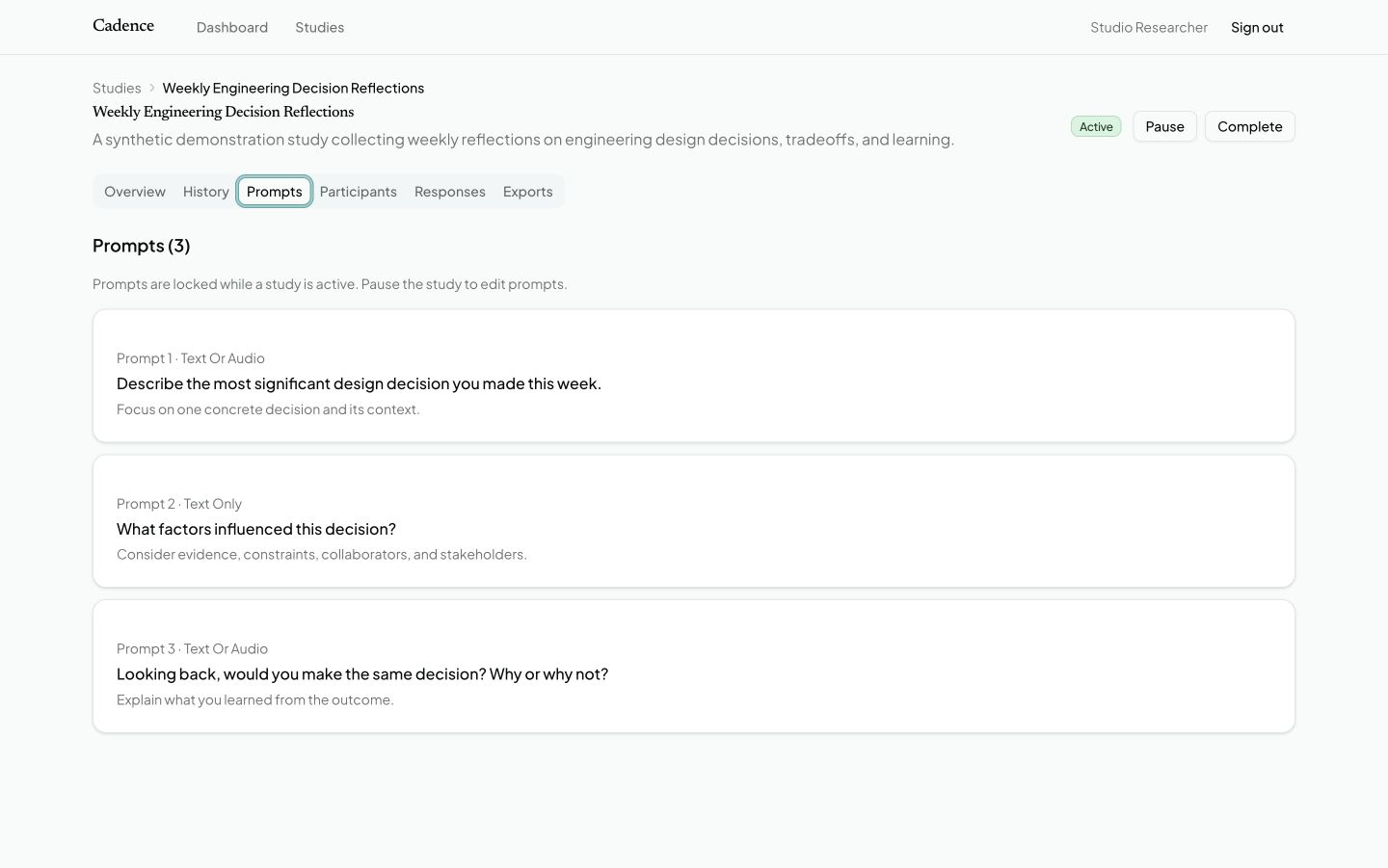 Ordered text and audio prompts for a weekly engineering decision reflection study.