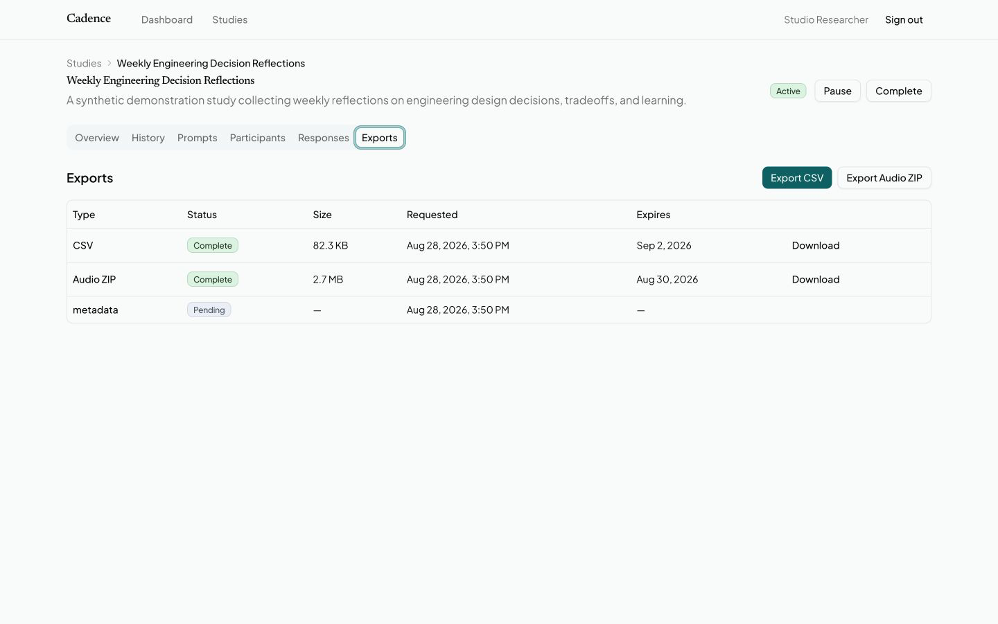 Export workflow showing completed CSV and audio ZIP exports with sizes and expiry dates.