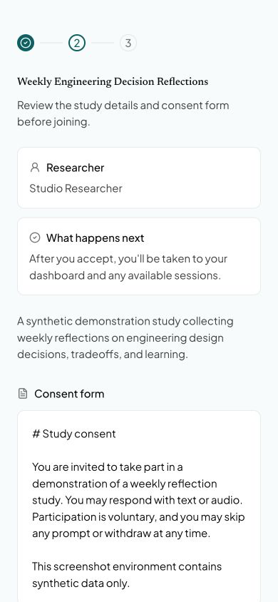 Mobile participant consent step showing the study description, researcher identity, and consent form.