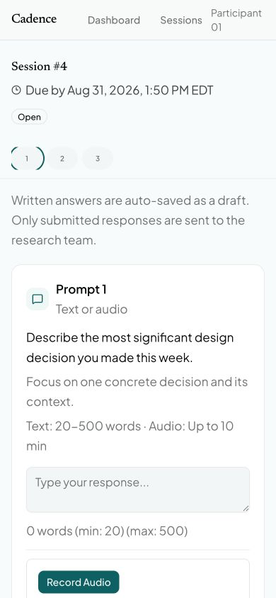 Mobile participant session with a text response field, word-count constraints, and an audio recording option.
