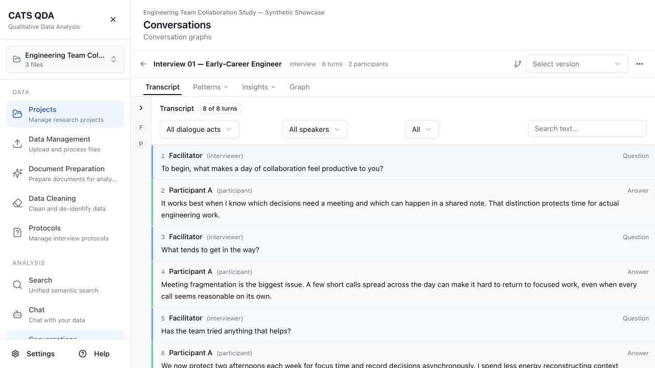 Turn-level transcript review with speaker roles, dialogue acts, filtering, and version controls.