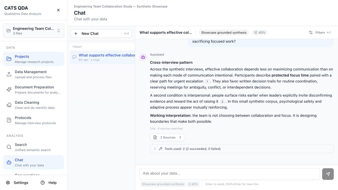 A data-grounded chat response citing source turns from the synthetic interview corpus, with tool usage reported.