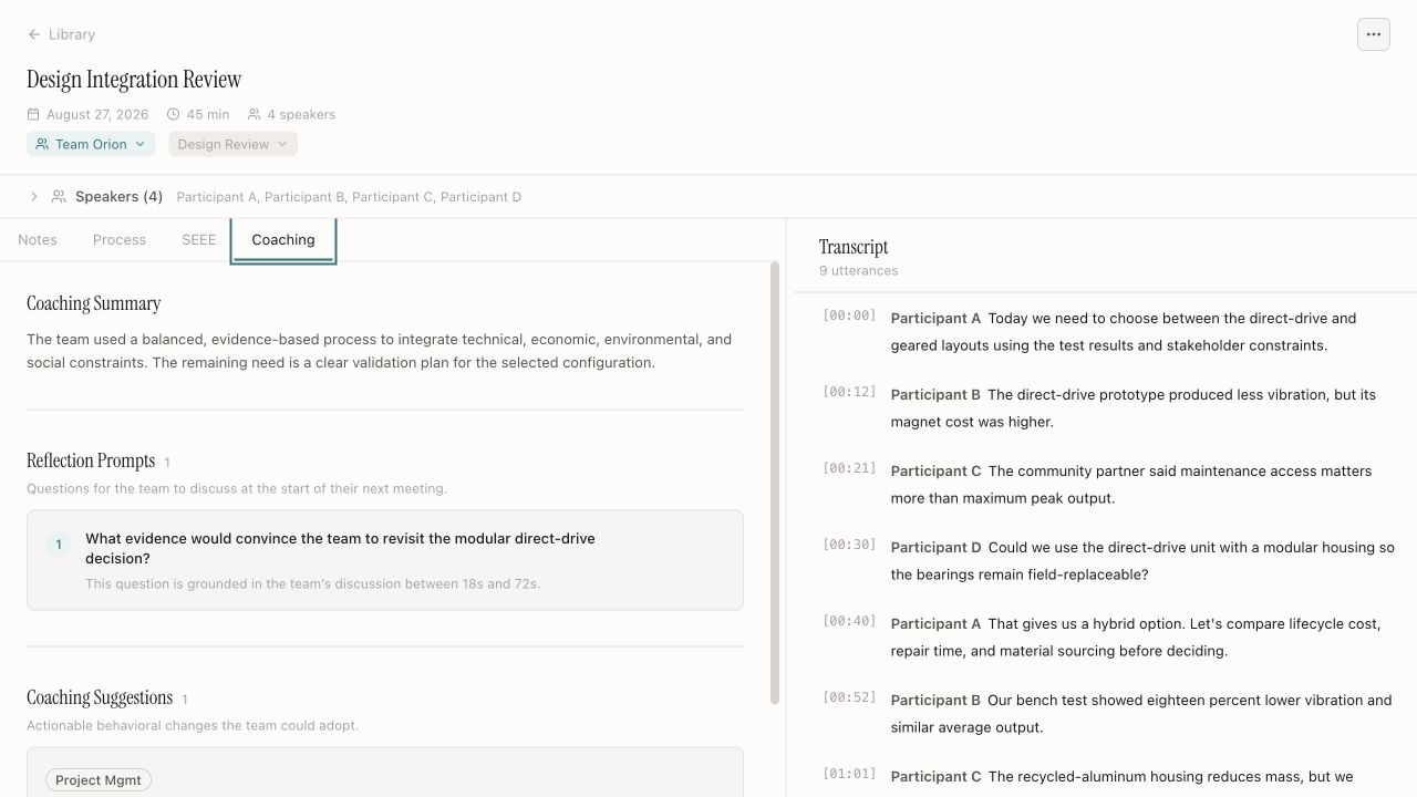 Evidence-linked reflection prompts and coaching suggestions beside the source transcript.