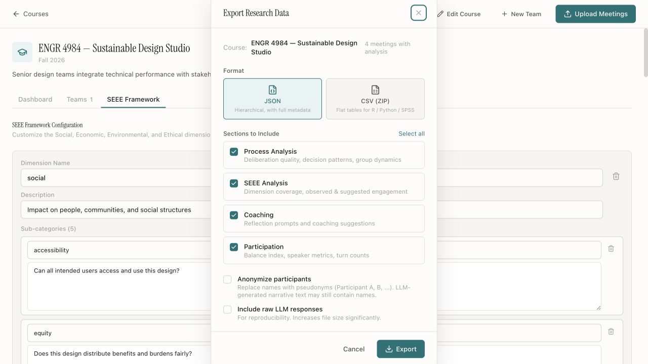 Research export dialog with format, analysis-section, anonymization, and raw-response controls.