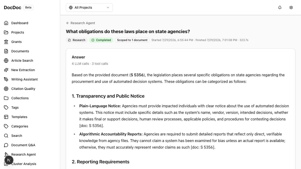DocDoc research agent answer about obligations that legislation places on state agencies, with run status, timing, and LLM and tool call counts visible.