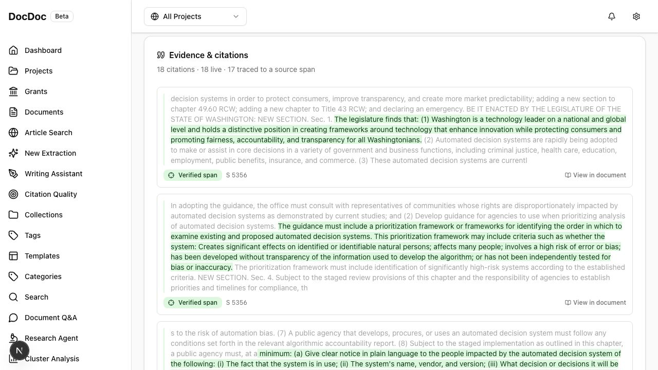 Evidence and citations panel showing 18 citations with 17 traced to a verified source span, each quoted with its highlighted passage.