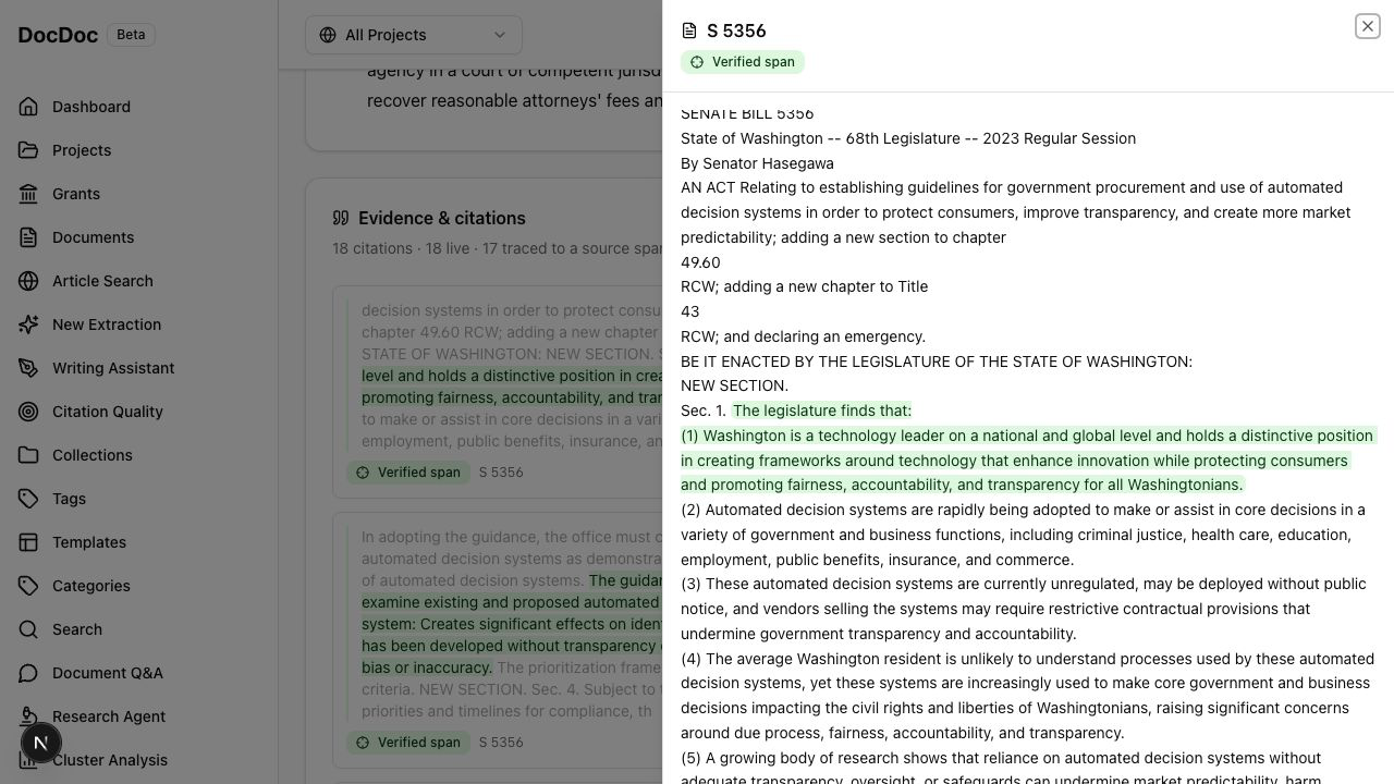 Source drawer showing Senate Bill 5356 with the cited passage highlighted alongside the citing evidence panel.