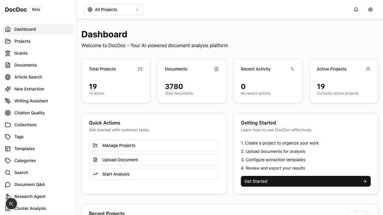 DocDoc dashboard showing 19 projects and 3,780 documents in the internal research workspace.