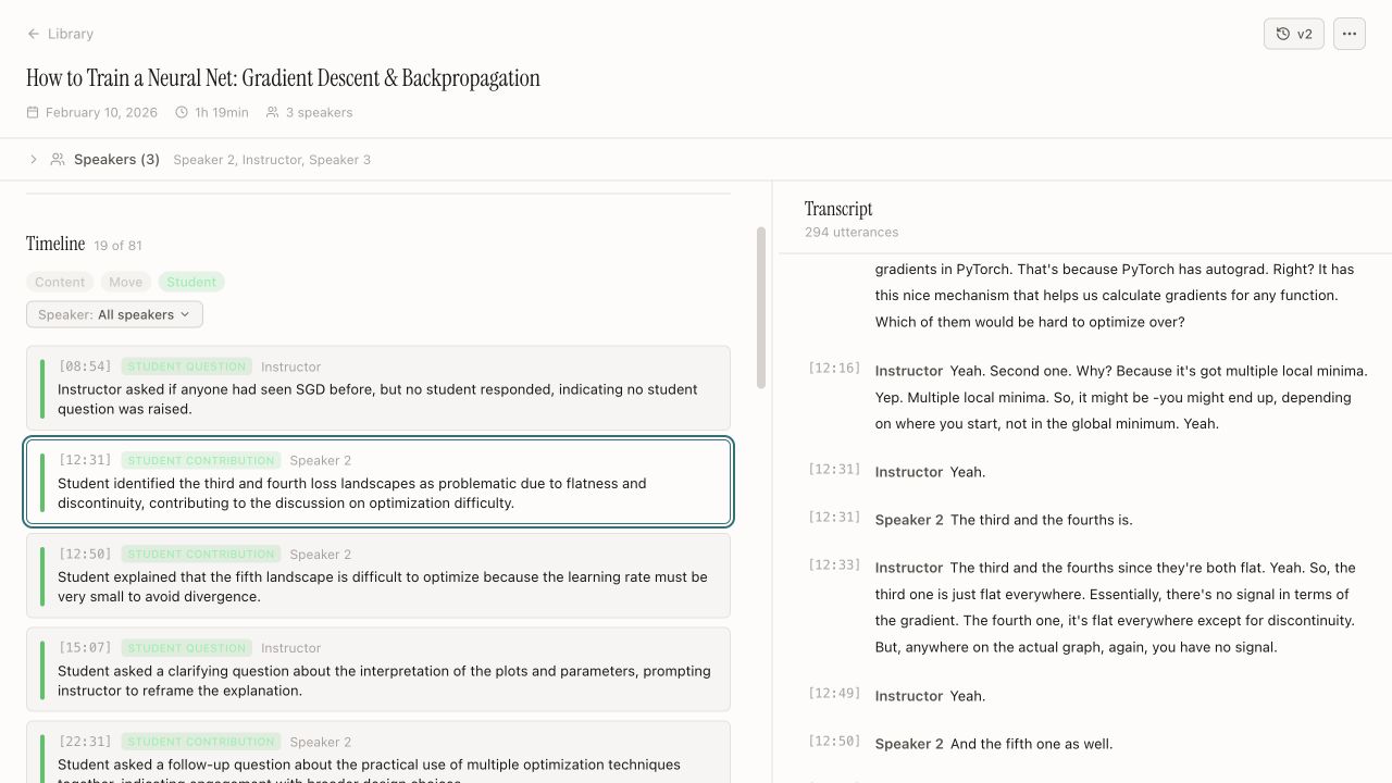 A selected student contribution linked to the supporting transcript passage.