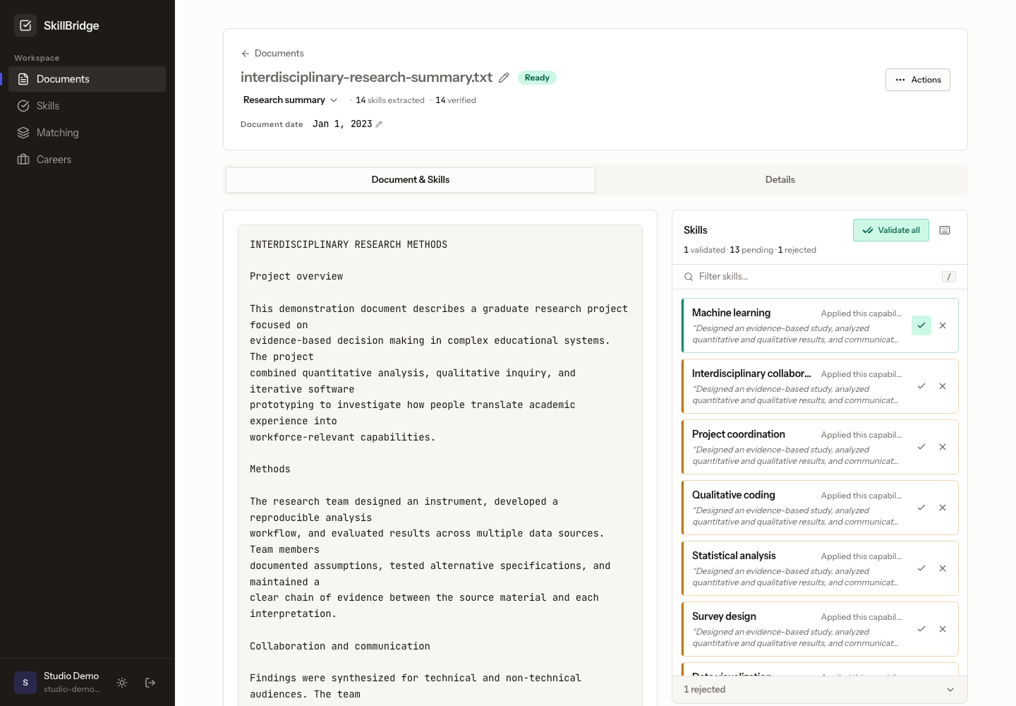 SkillBridge evidence-review workspace showing a source document beside extracted skills, each backed by a quoted passage with accept and reject controls.