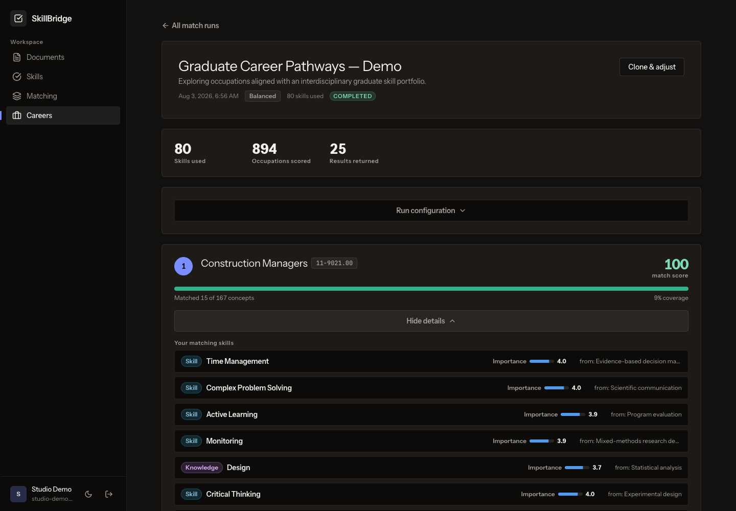 An occupation match result in dark mode showing matched skills, their O*NET importance, and the source document behind each.
